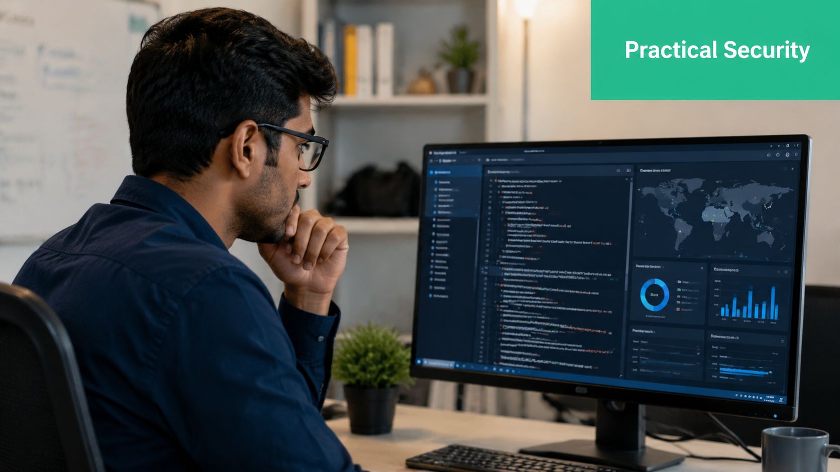 A focused professional analyzing security dashboards and code on a computer monitor in a modern office.