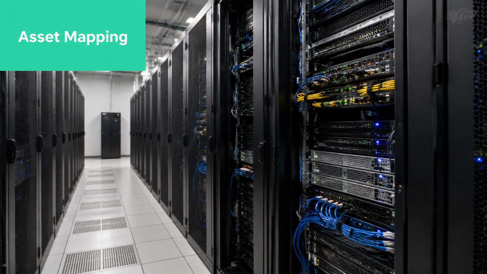 Rows of black server racks in a high-tech data center with organized networking cables and hardware components.