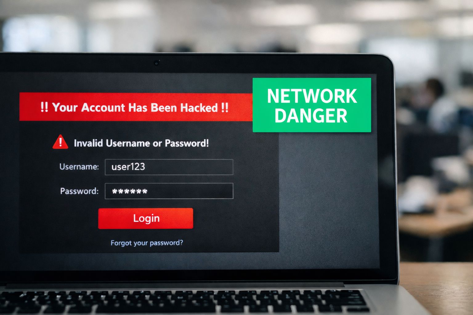A laptop screen displaying a fake security warning and a login form indicating a compromised account.