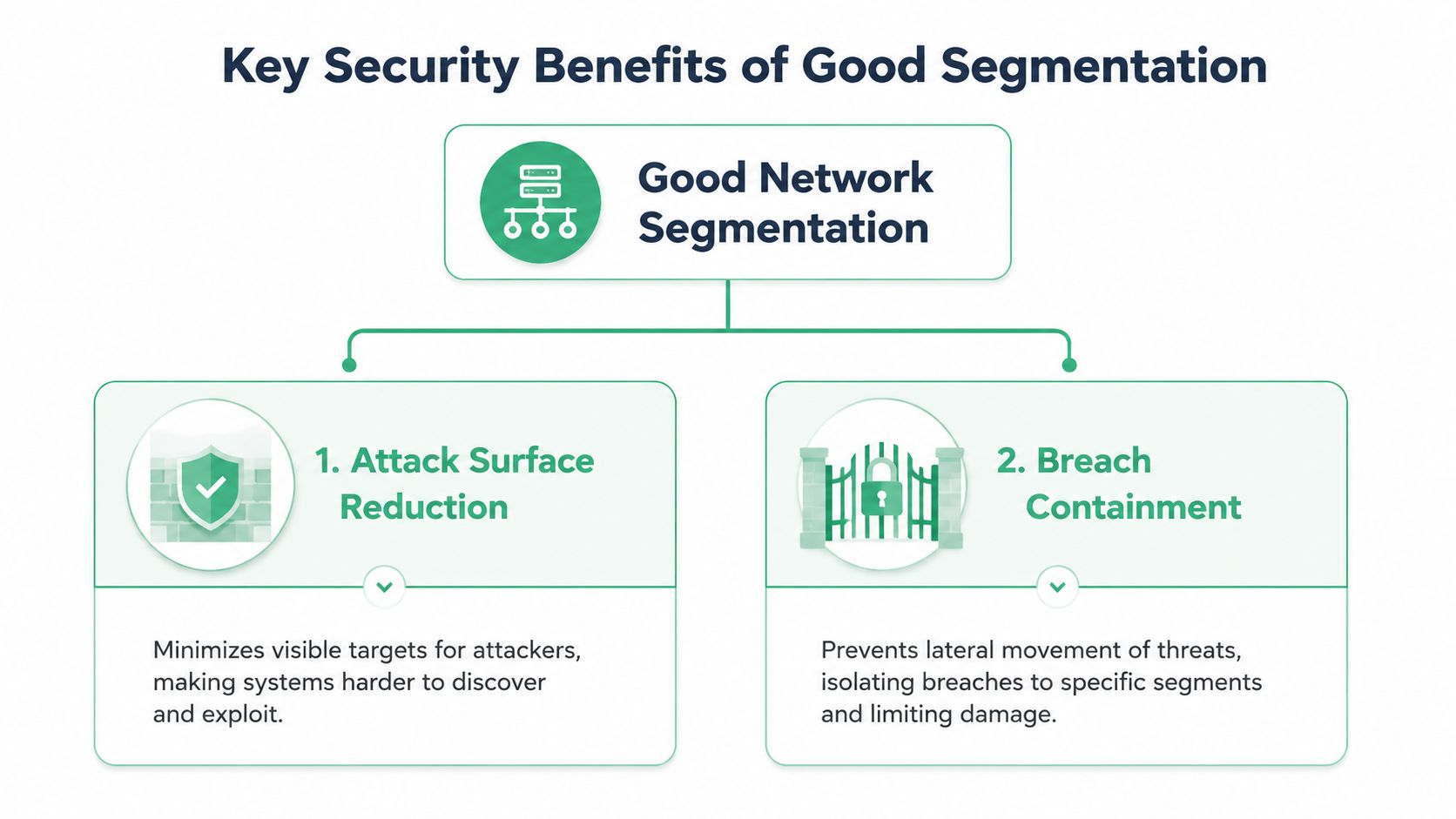A diagram illustrating two key security benefits of network segmentation: attack surface reduction and breach containment.
