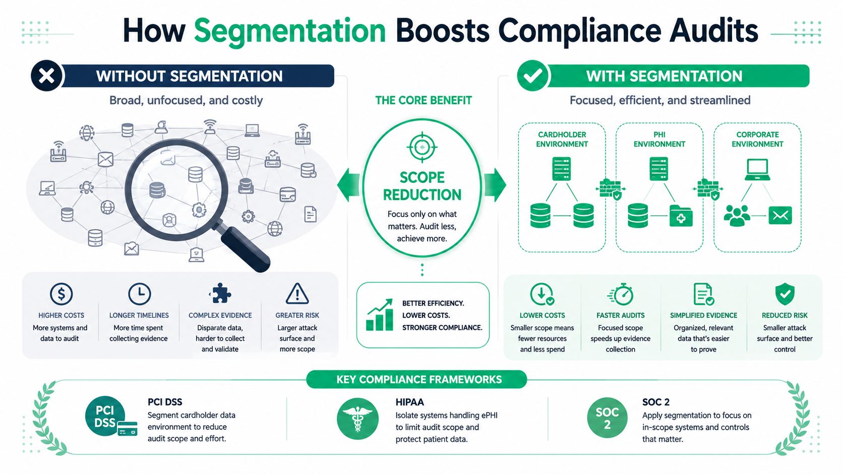 An infographic illustrating how network segmentation reduces audit scope, lowers costs, and improves security compliance.