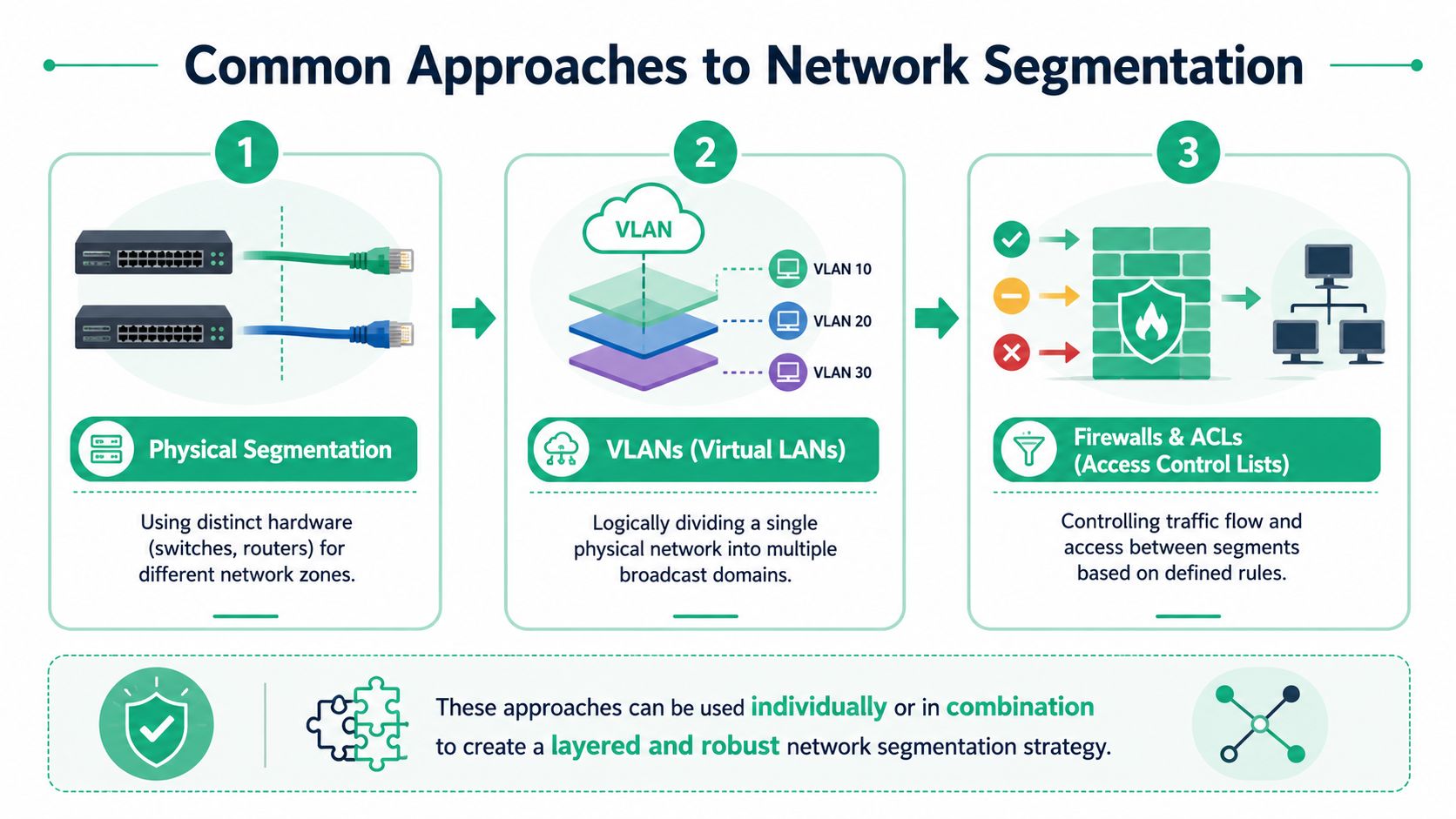 A diagram illustrating three common network segmentation approaches: physical switches, virtual VLANs, and firewall access control lists.