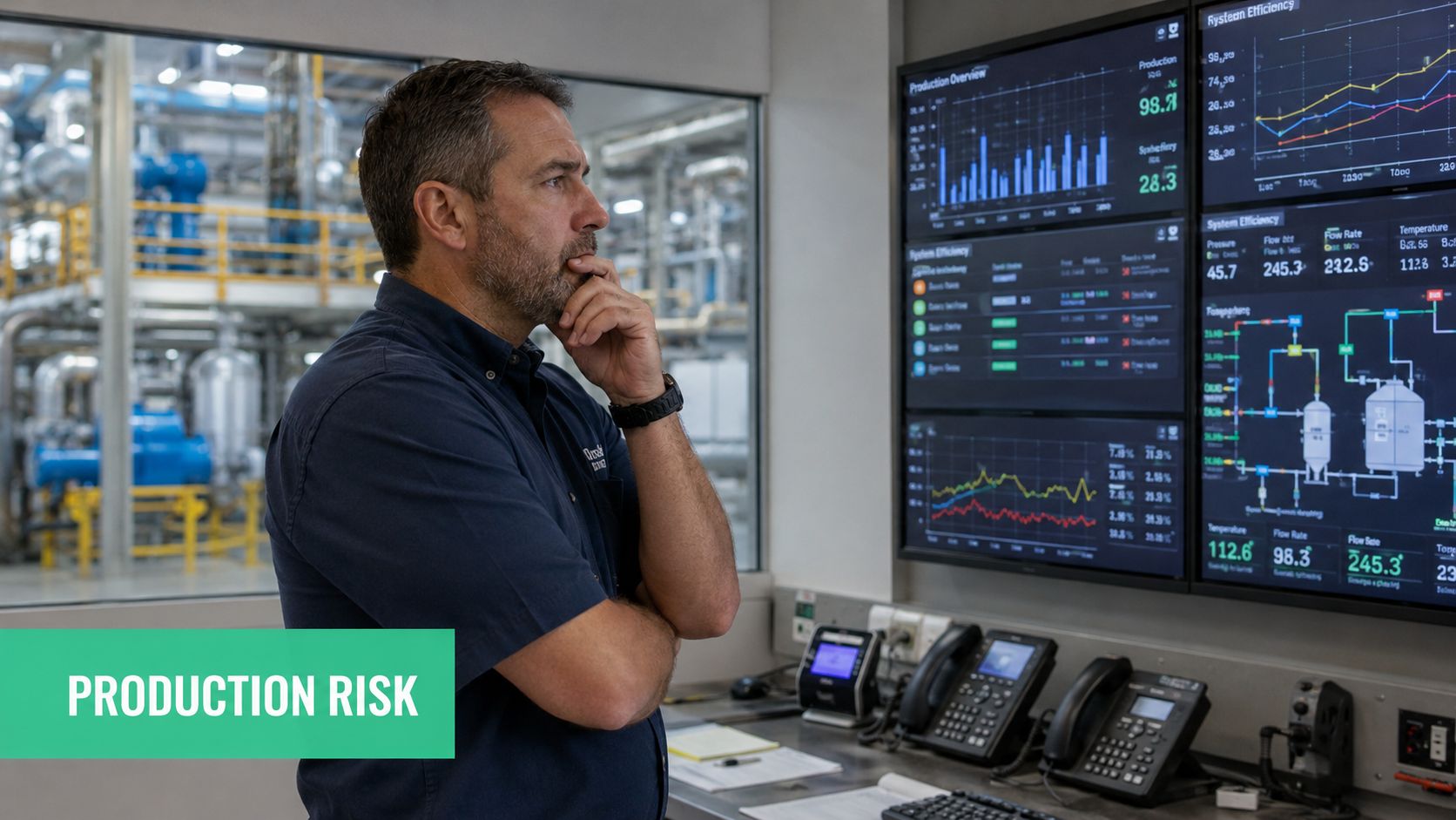 A focused industrial engineer monitoring production data on large digital screens in a secure control room.