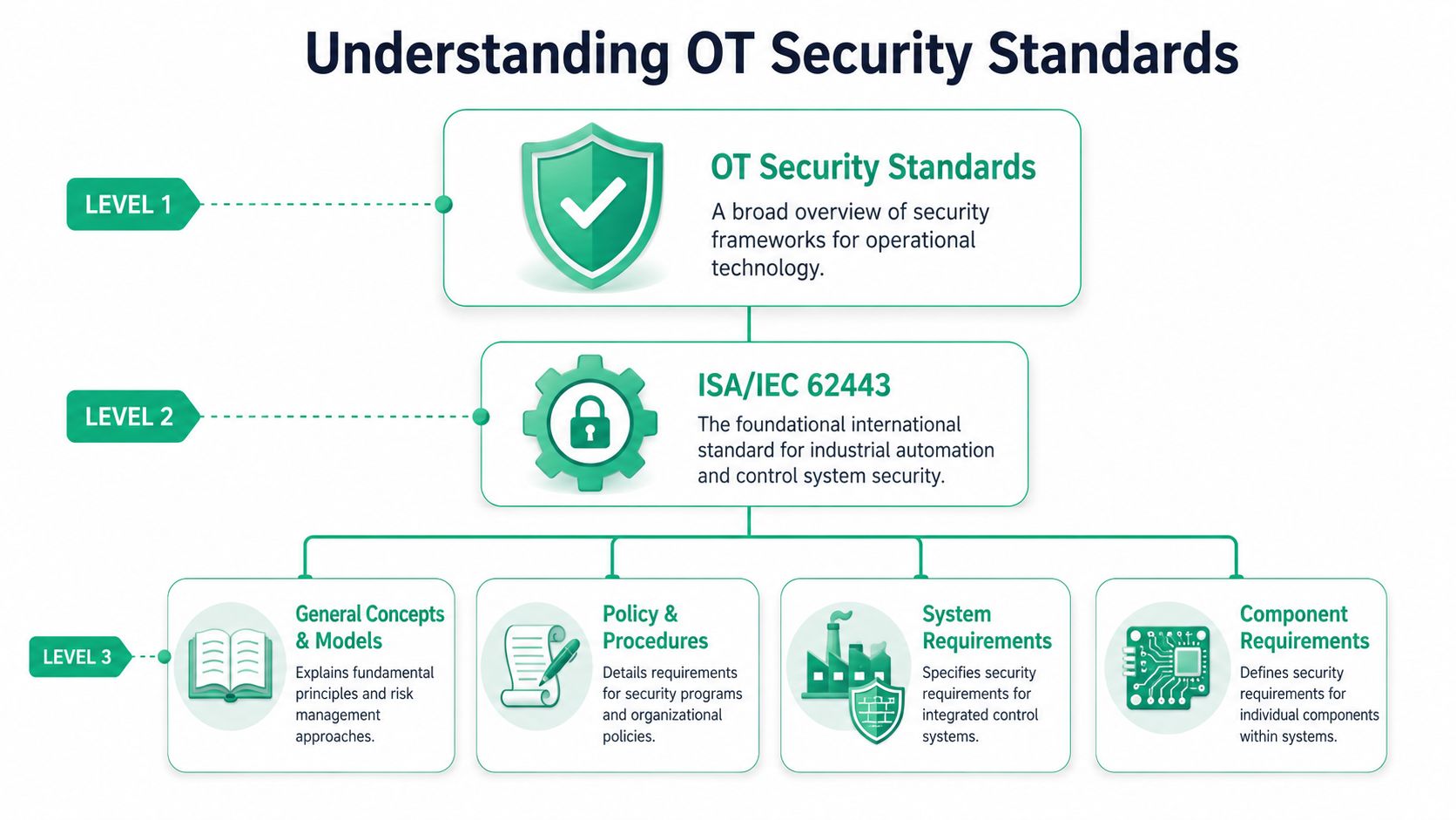A diagram illustrating the hierarchical structure of OT security standards, specifically focusing on the ISA/IEC 62443 framework.