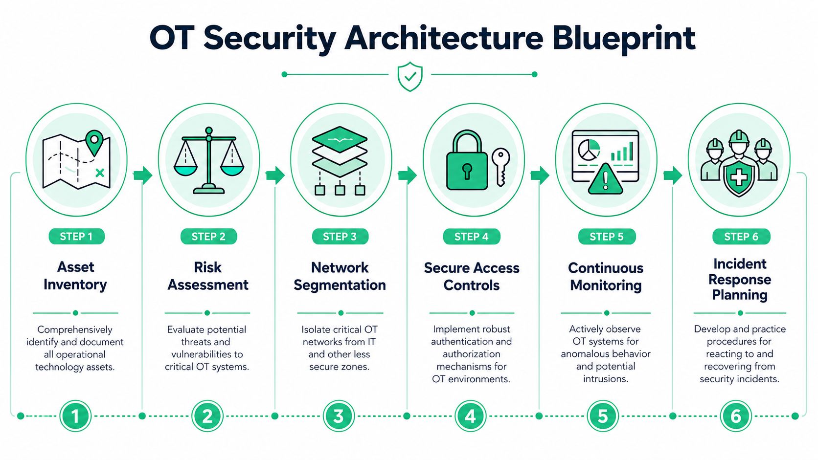 A six-step infographic illustrating the core principles for building a robust operational technology security architecture.