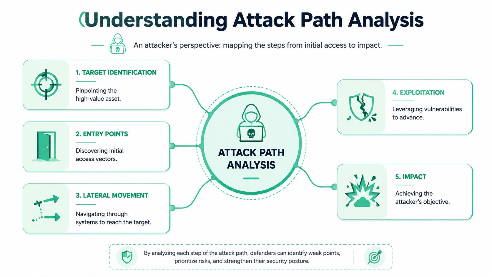 An infographic illustrating the five stages of an attack path analysis from identification to final impact.