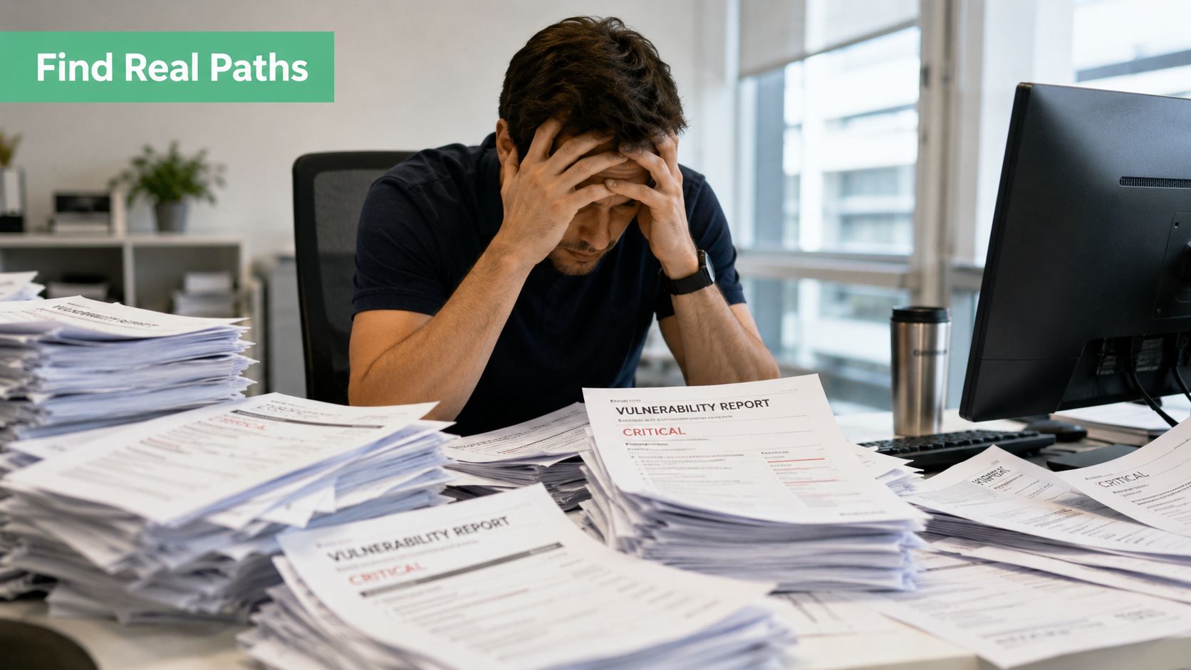 A stressed IT security professional sits at a desk overwhelmed by numerous paper vulnerability reports.