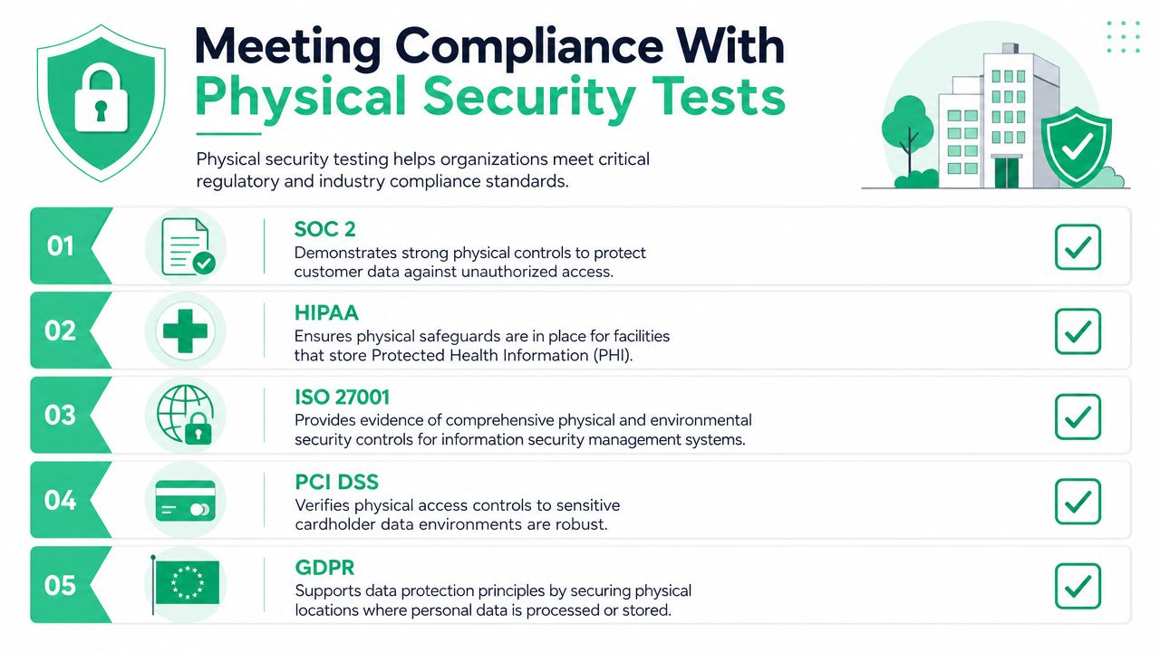 An infographic detailing how physical security testing helps organizations meet regulatory compliance standards like SOC 2, HIPAA, and GDPR.