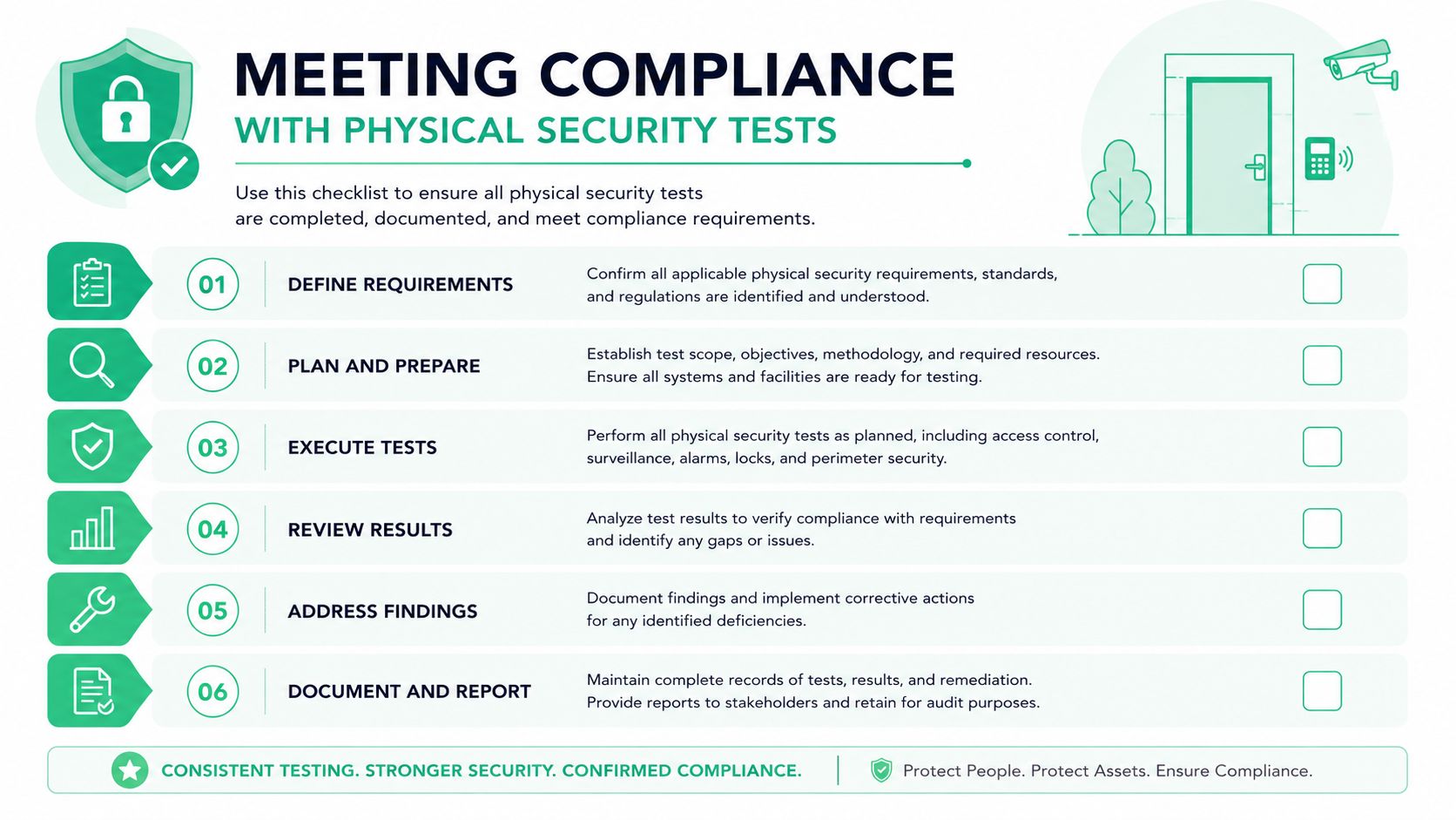 A checklist graphic for meeting compliance standards with physical security testing procedures and steps.