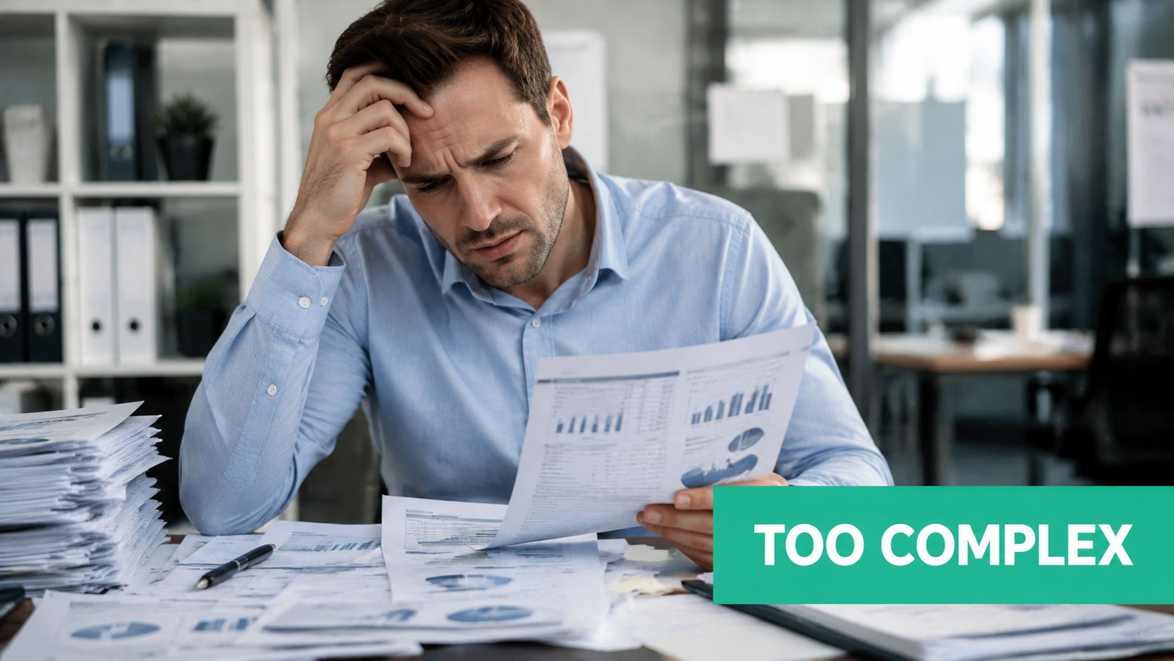 A stressed businessman analyzing complex financial documents and data reports at his office desk.