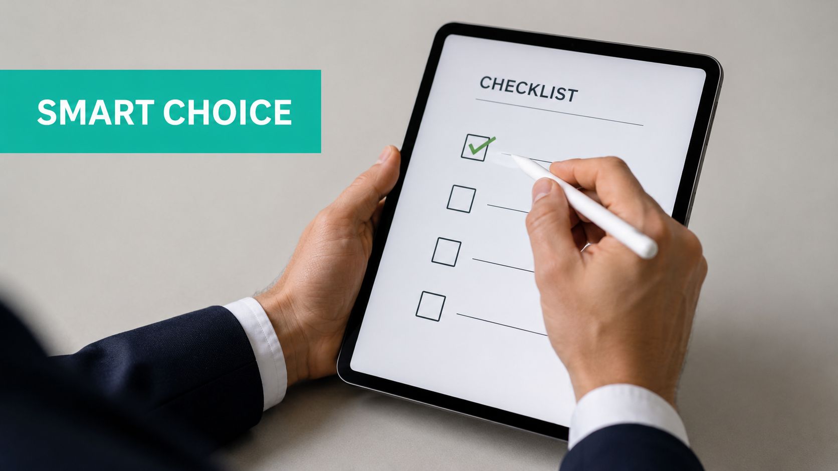 A professional in a suit using a digital stylus to check off an item on a tablet checklist.