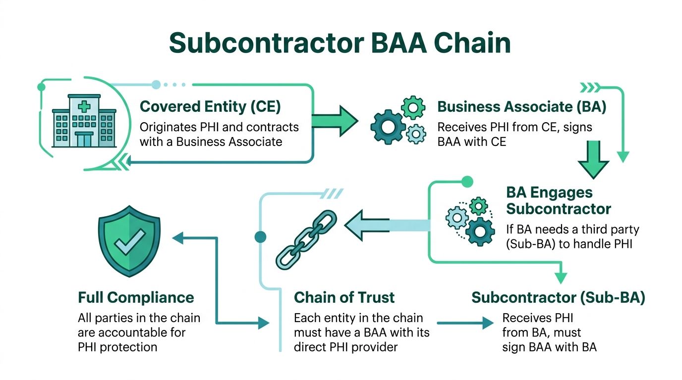 A diagram illustrating the HIPAA Business Associate Agreement chain between a Covered Entity, Business Associate, and Subcontractor.
