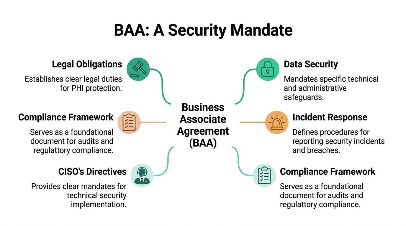 A diagram illustrating the key roles and benefits of a HIPAA Business Associate Agreement for security compliance.