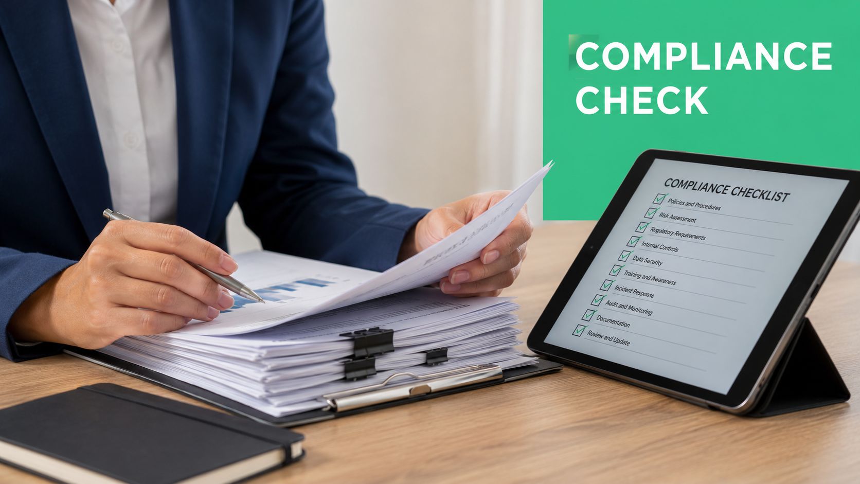 A professional analyzing documents and a tablet displaying a completed compliance checklist in an office setting.
