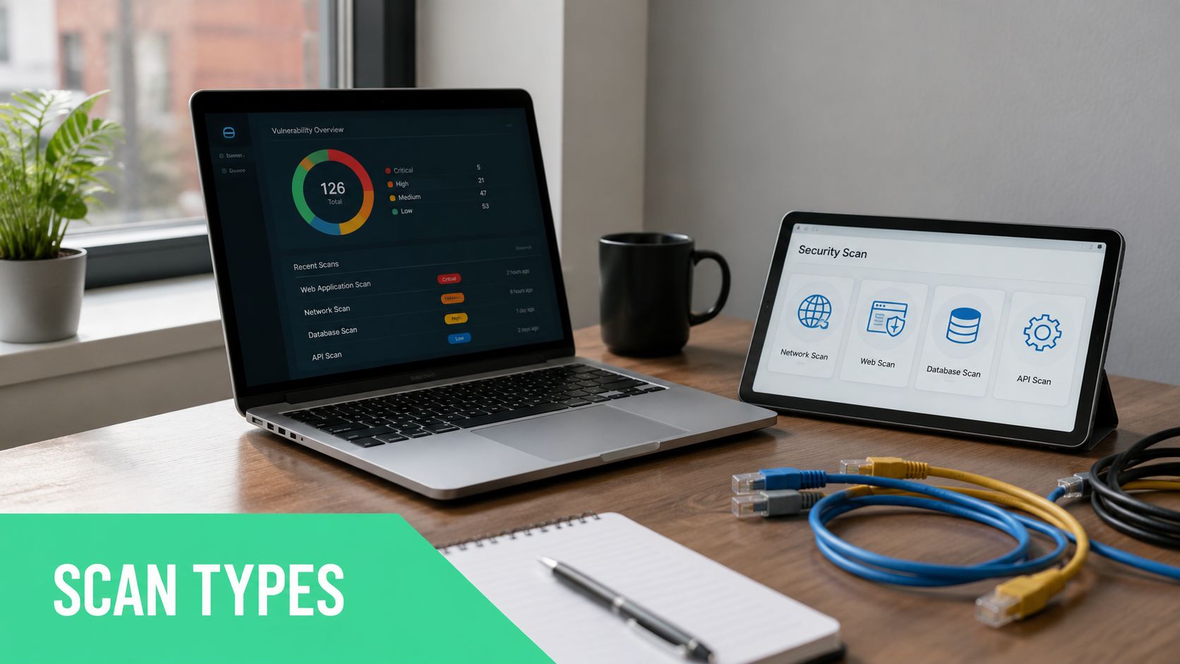 A professional desk setup featuring a laptop and tablet displaying security scan dashboards and vulnerability analysis interfaces.