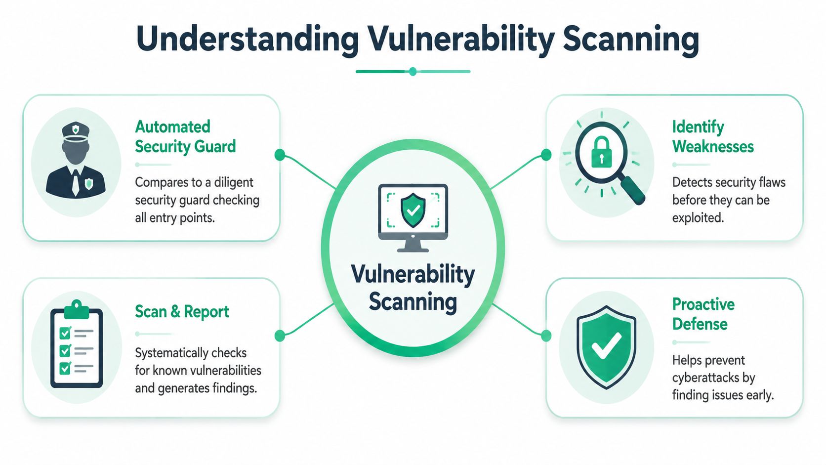 An infographic titled Understanding Vulnerability Scanning explaining key benefits like automated checks, identifying weaknesses, and proactive defense.