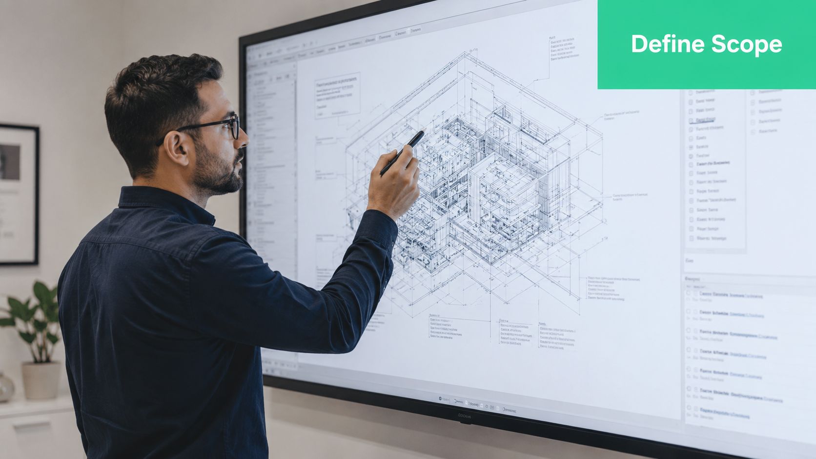 A professional man pointing at a detailed architectural blueprint displayed on a large digital screen in an office.