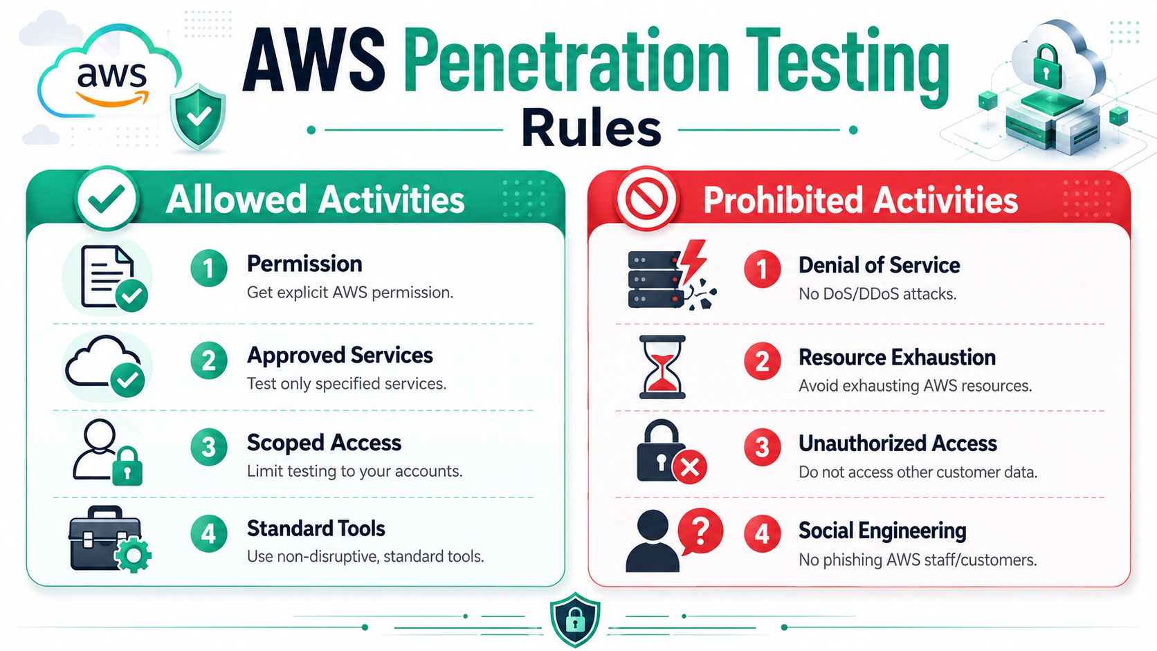 An infographic titled AWS Penetration Testing Rules outlining the allowed and prohibited activities for cloud security testing.