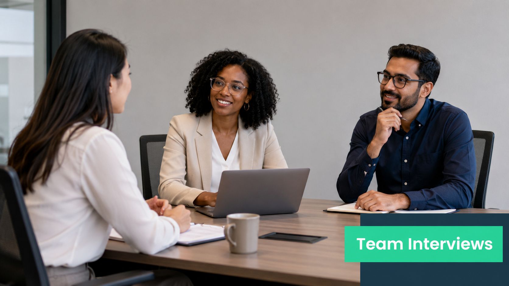A professional team conducting a business interview in a modern office meeting room setting.