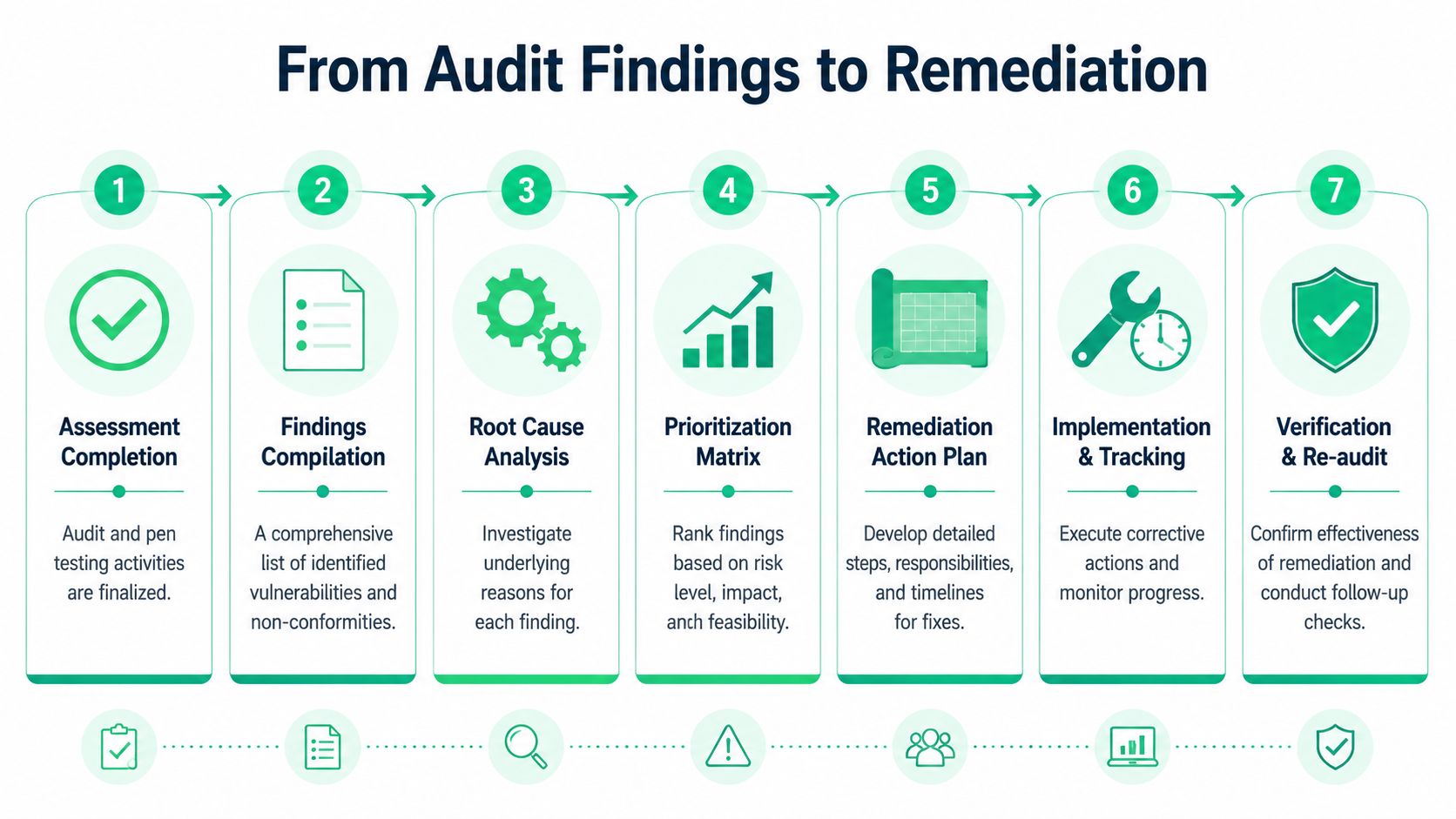 A seven-step flowchart illustrating the process of moving from audit findings to remediation in IT security.