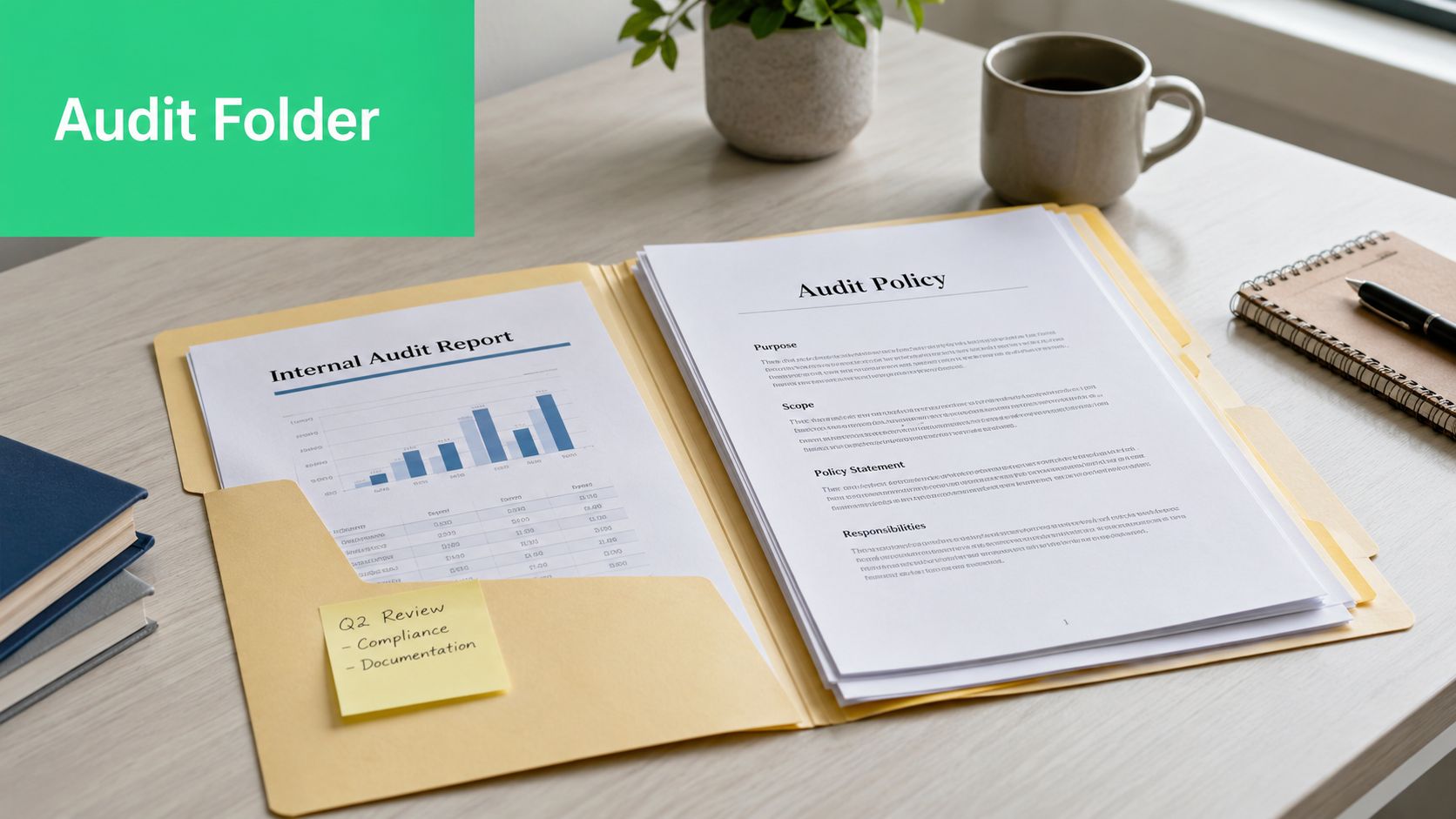 A yellow file folder open on a desk displaying an internal audit report and audit policy document.