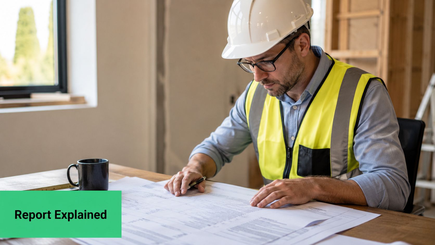 A professional construction engineer in a hard hat reviewing architectural plans on a wooden desk.
