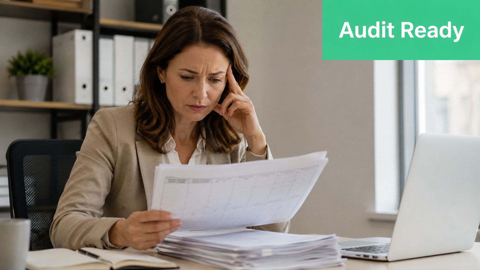 A professional woman looking stressed while reviewing financial documents at her desk with a laptop.