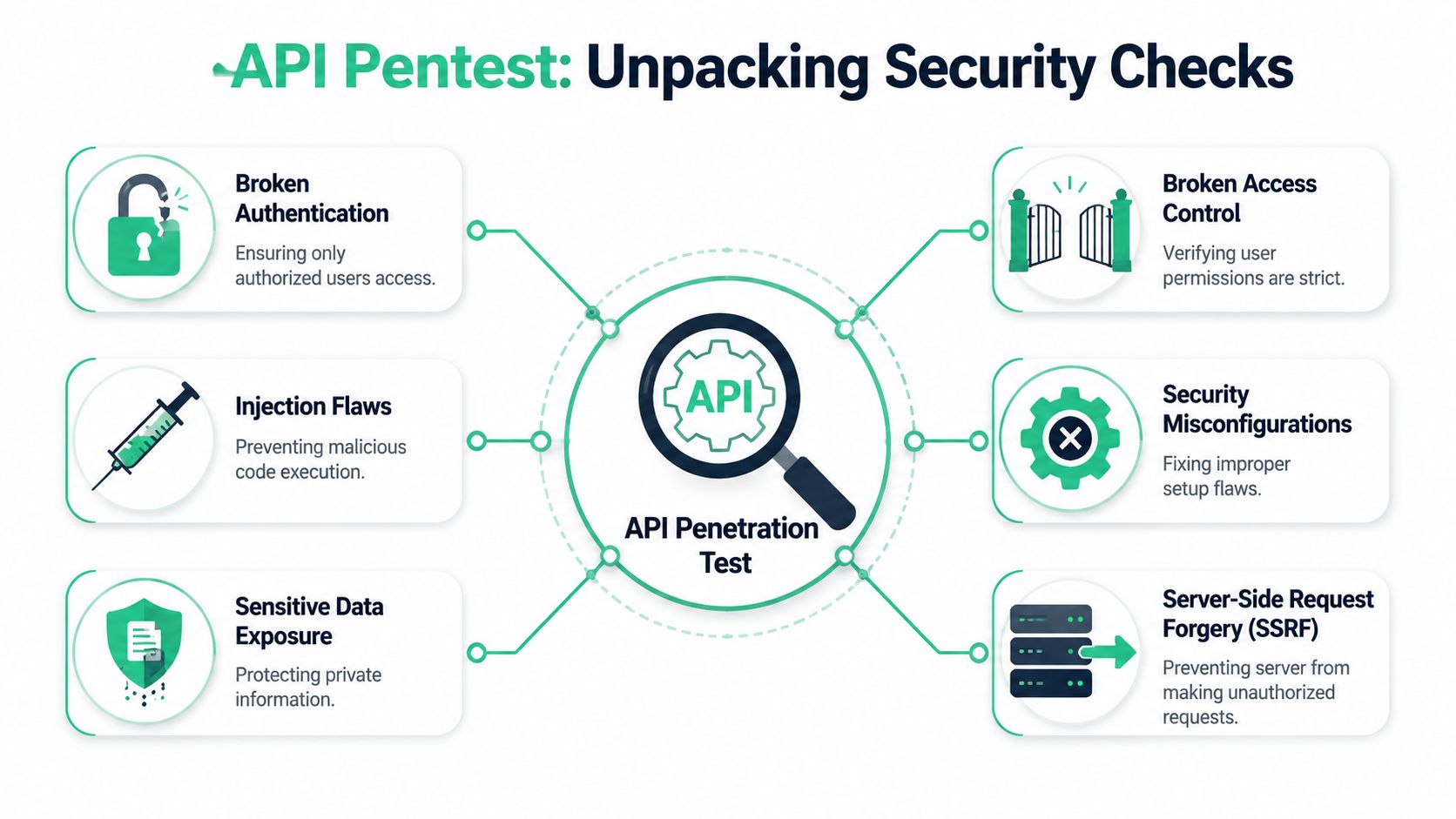 A diagram illustrating key security areas evaluated during an API penetration test to ensure system protection.