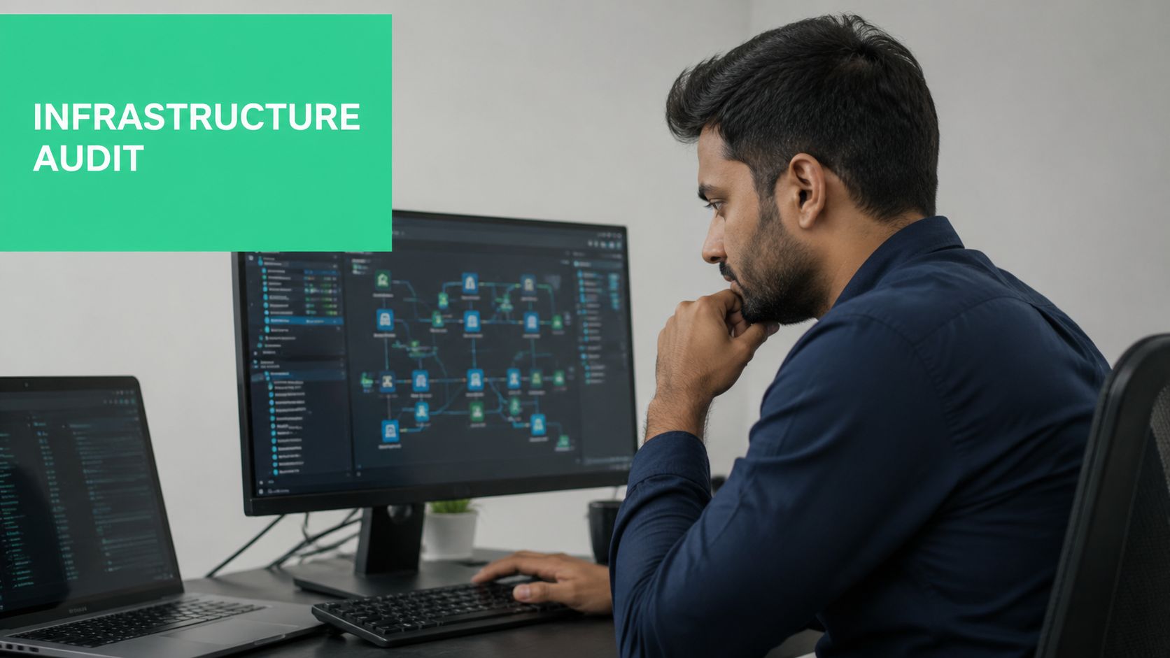 A professional analyzing a complex digital network diagram on a computer screen for an infrastructure audit.