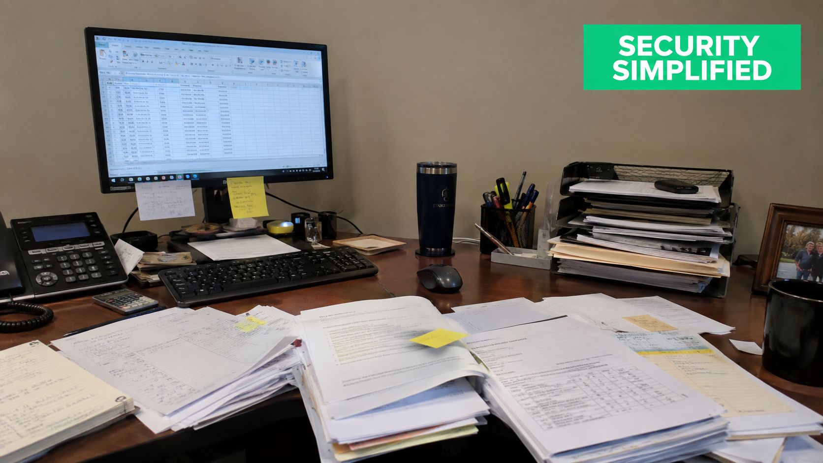 A cluttered office desk featuring a computer, piles of paperwork, a telephone, and stationary accessories.