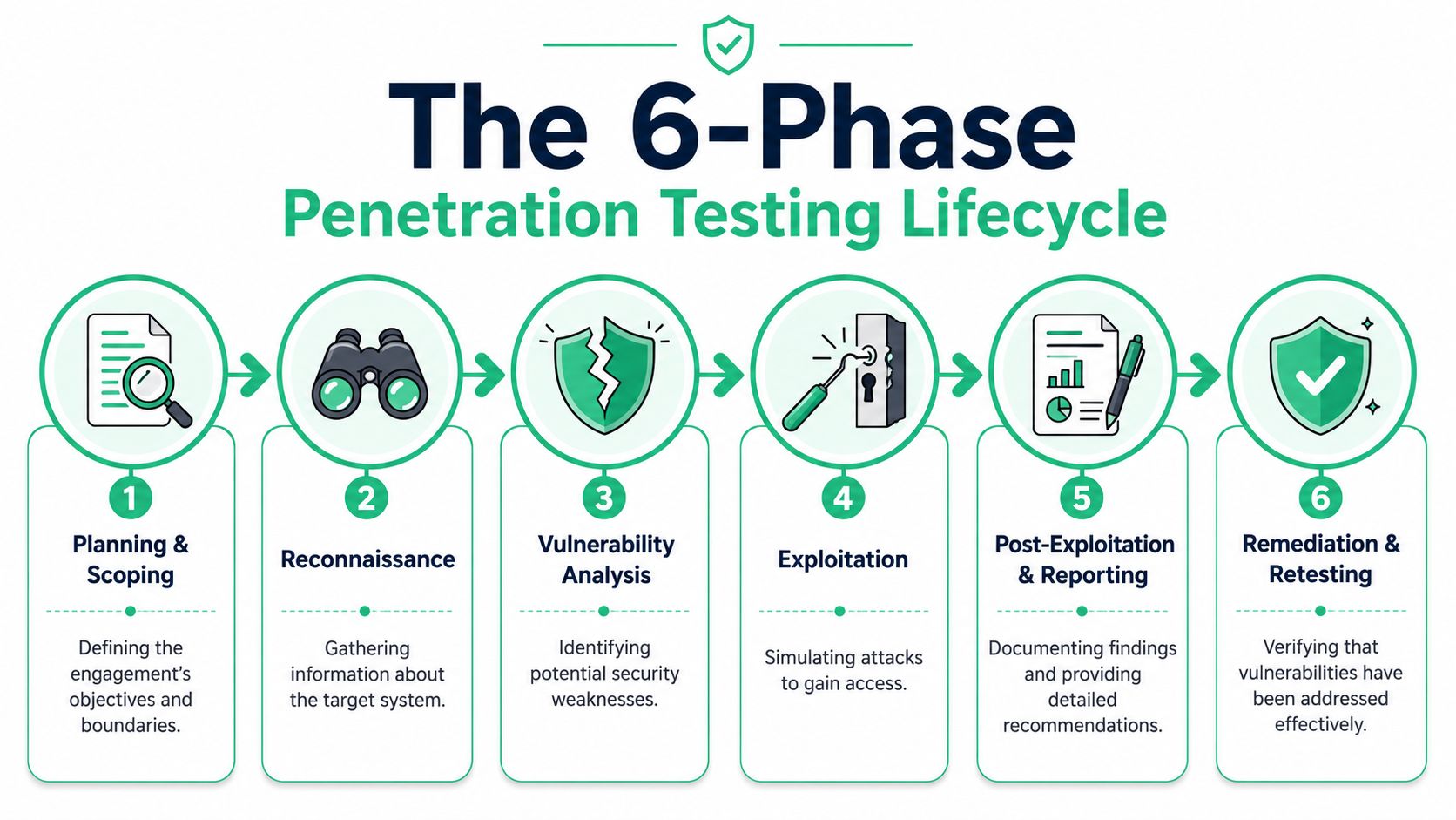 A diagram illustrating the 6-phase penetration testing lifecycle from planning and scoping through to final remediation.