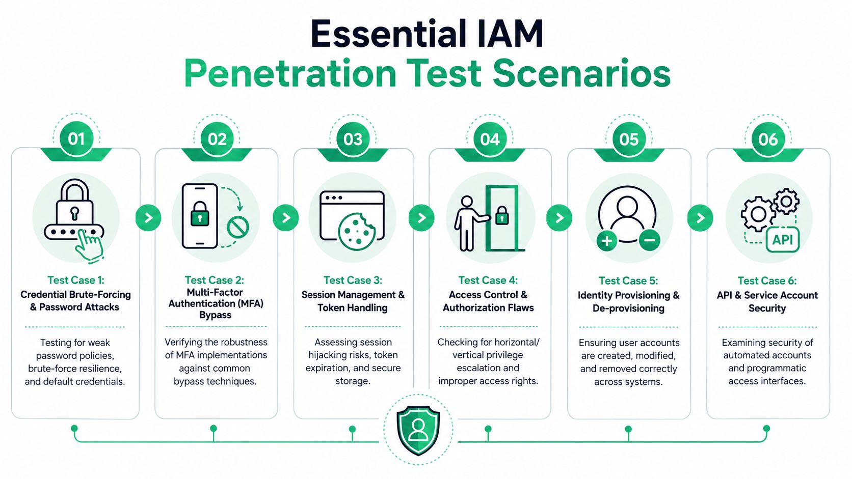 A diagram outlining six essential identity and access management penetration test scenarios for security assessment.