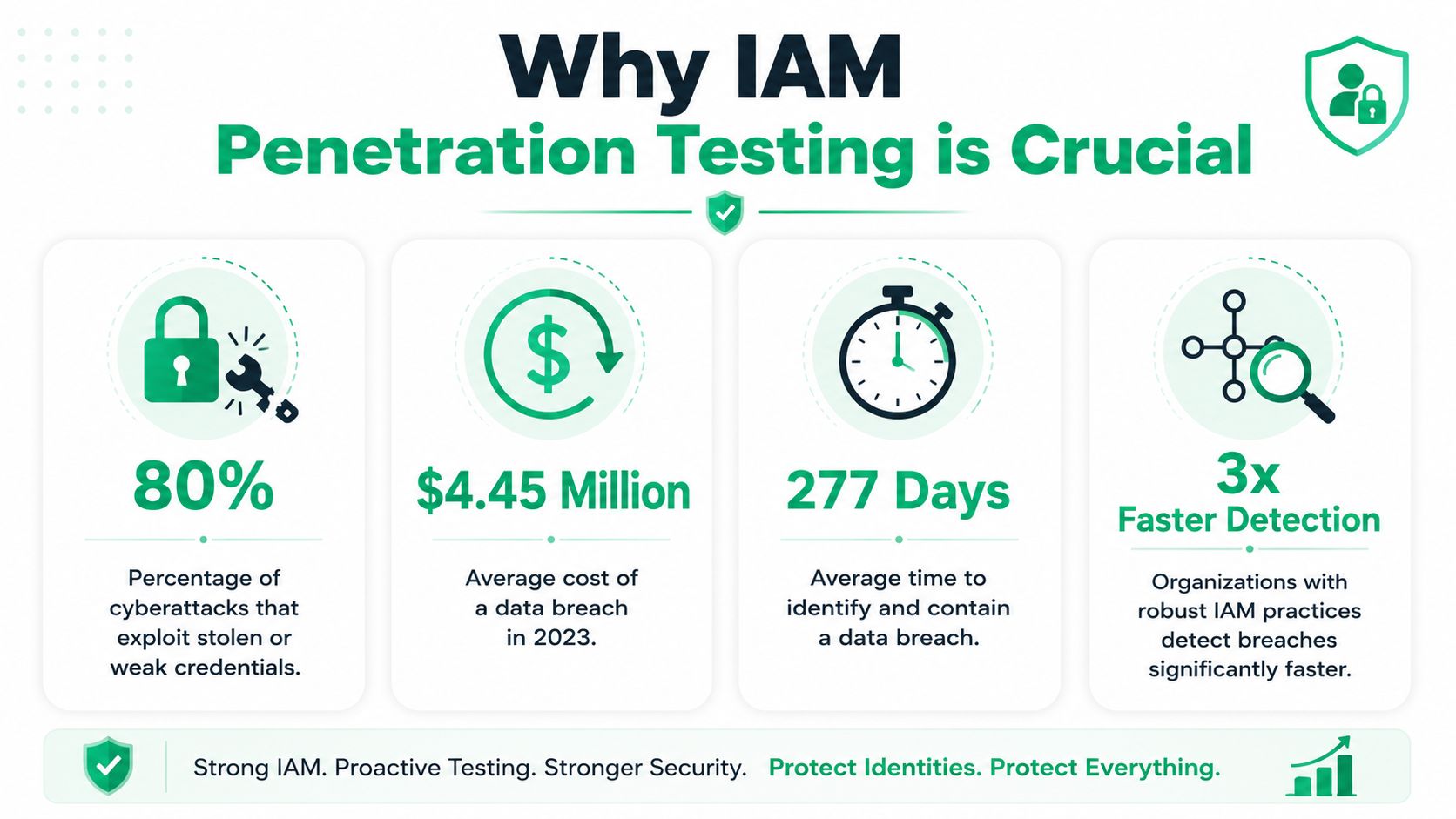 An infographic showing statistics highlighting the critical importance of identity and access management penetration testing.