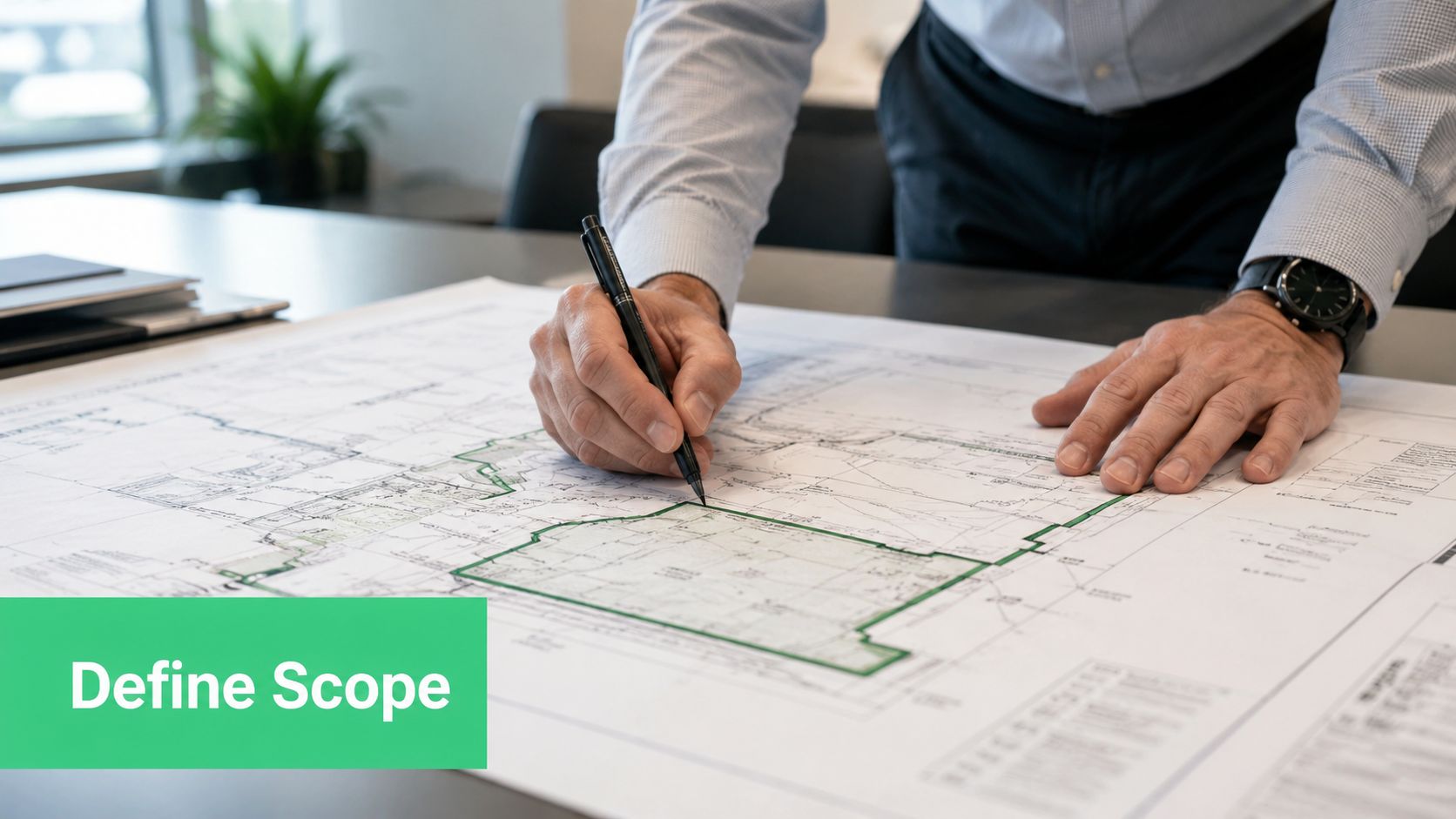 A professional analyzing an architectural blueprint on a desk with the text Define Scope overlaid.