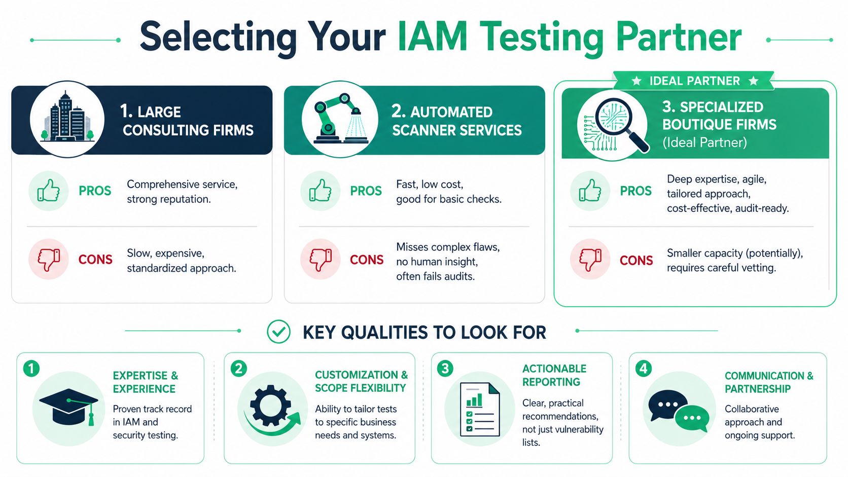 An infographic comparing three types of IAM testing partners and listing key qualities to look for.