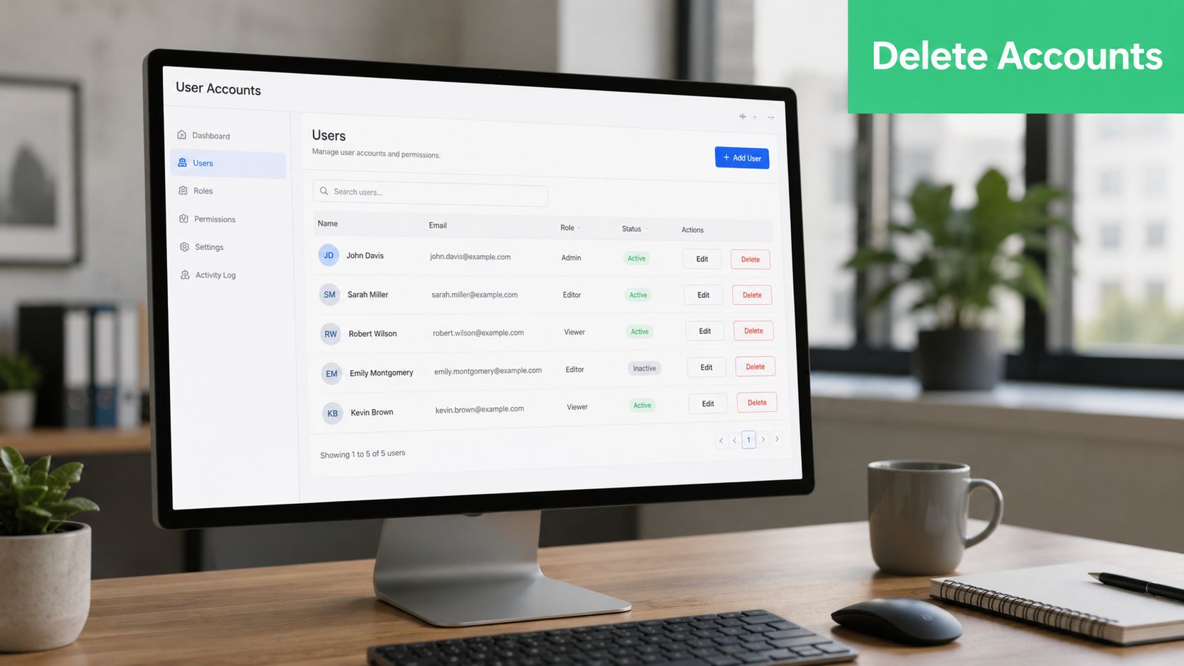 A modern computer screen displaying a user management dashboard with delete buttons for individual account administration.