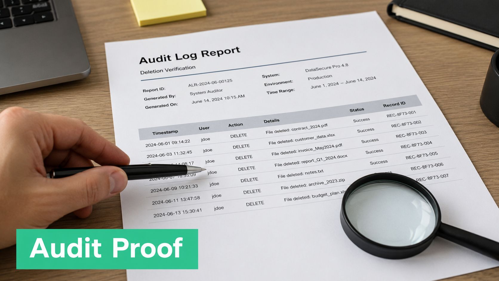 A professional audit report showing file deletion logs with a pen and magnifying glass on a desk.