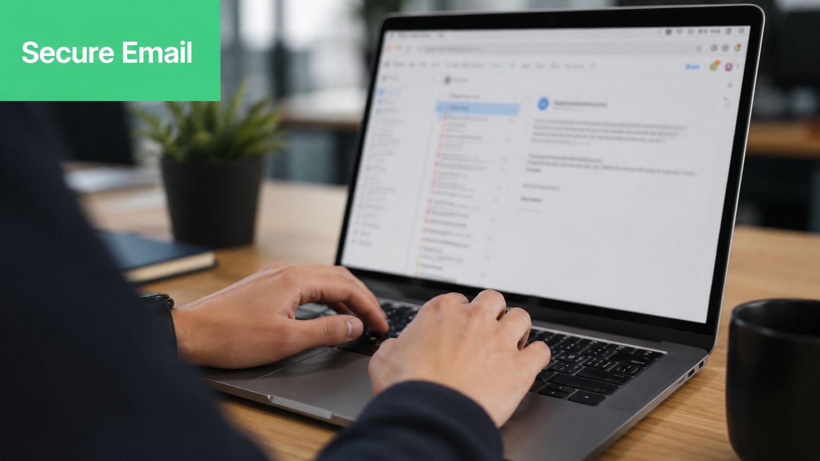 A close-up view of a person typing on a laptop to manage secure business email communications.