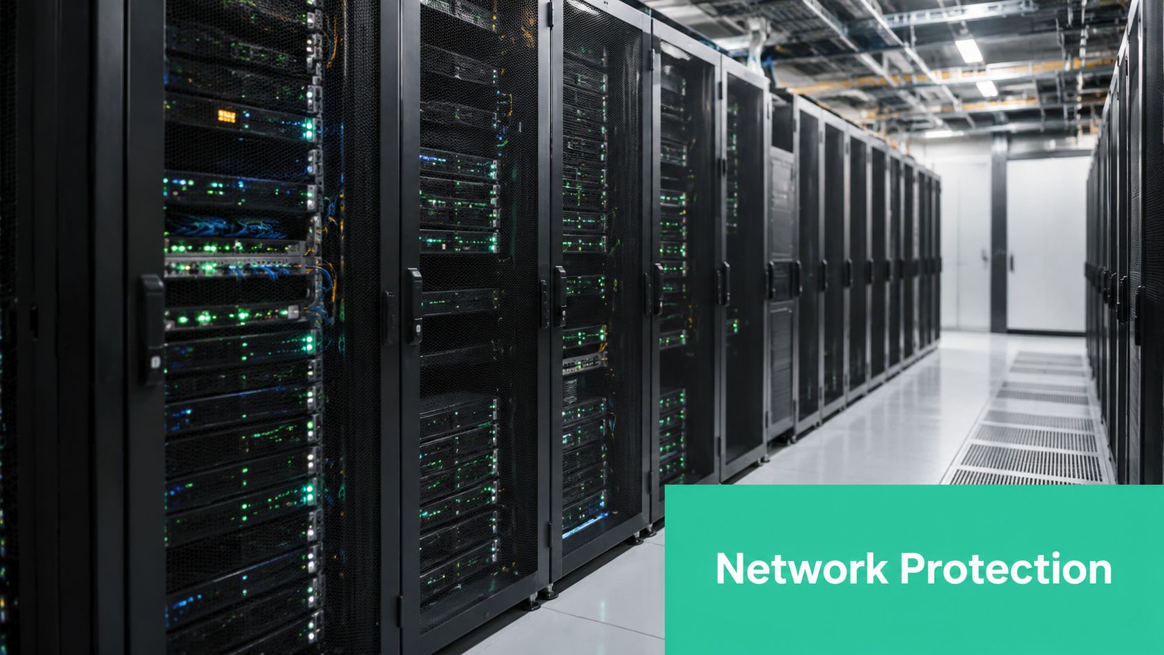 Rows of high-performance server racks with glowing green indicator lights inside a modern, industrial data center.