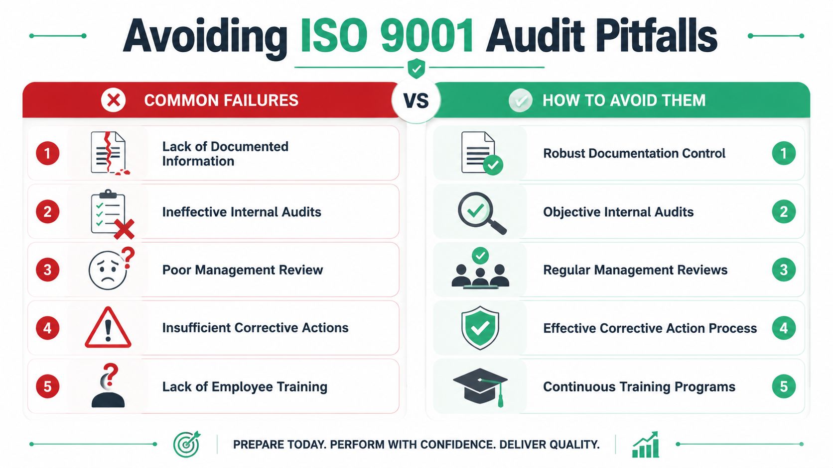 A comparison chart outlining five common ISO 9001 audit failures and corresponding solutions for improvement.
