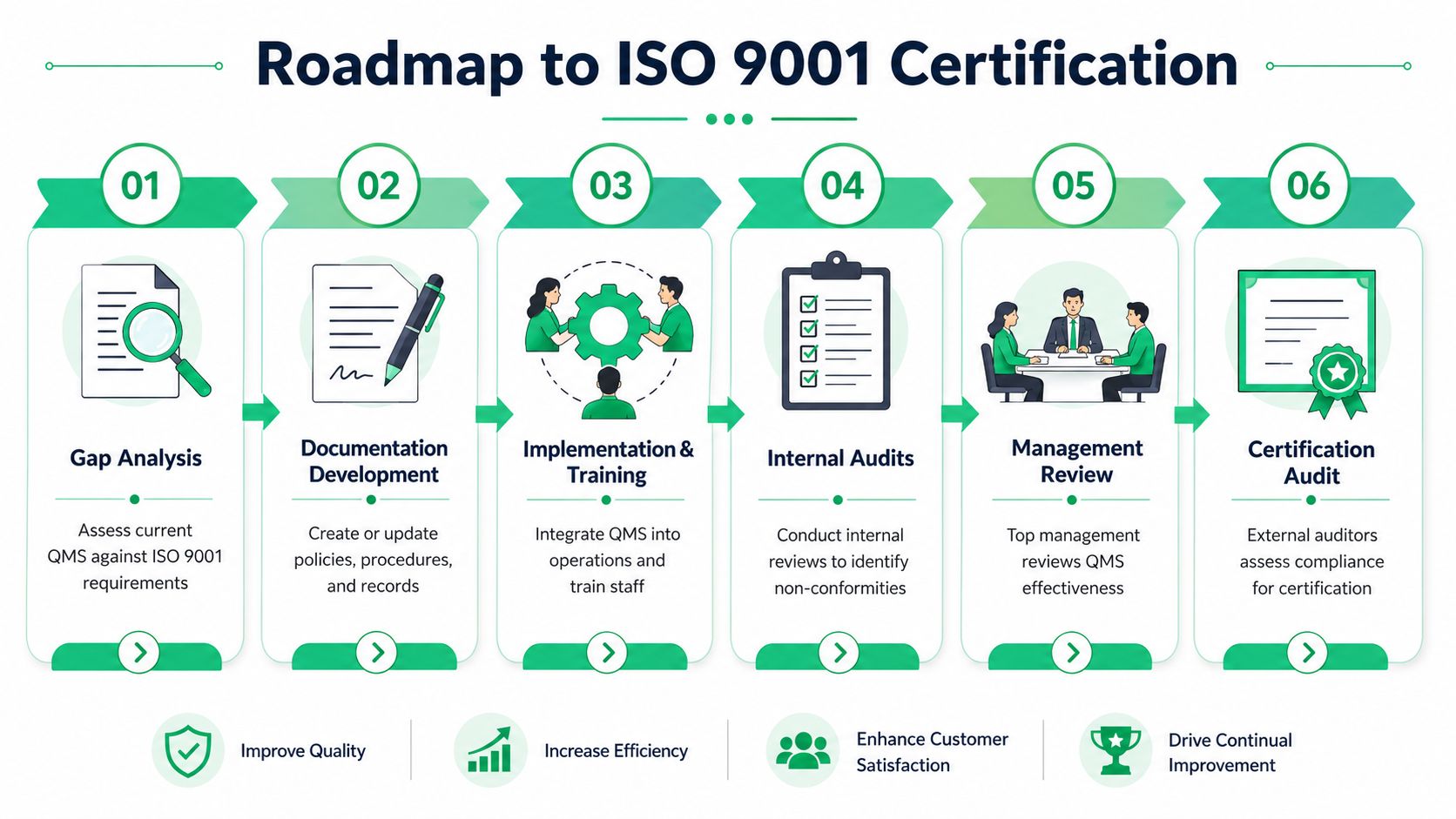 A six-step infographic roadmap illustrating the process of achieving ISO 9001 certification for quality management systems.