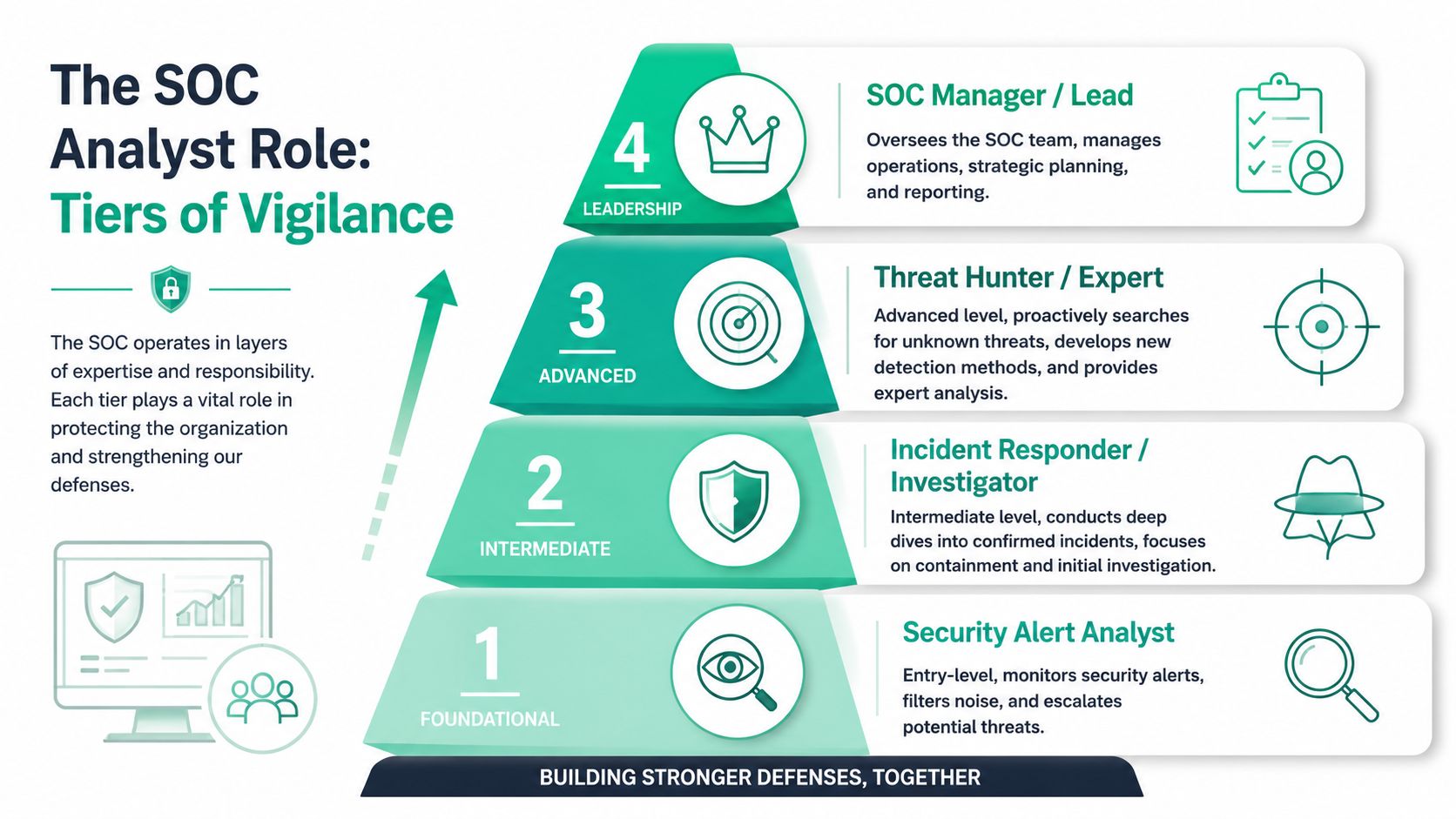 A hierarchical pyramid diagram illustrating the four tiers of a SOC analyst role and their responsibilities.
