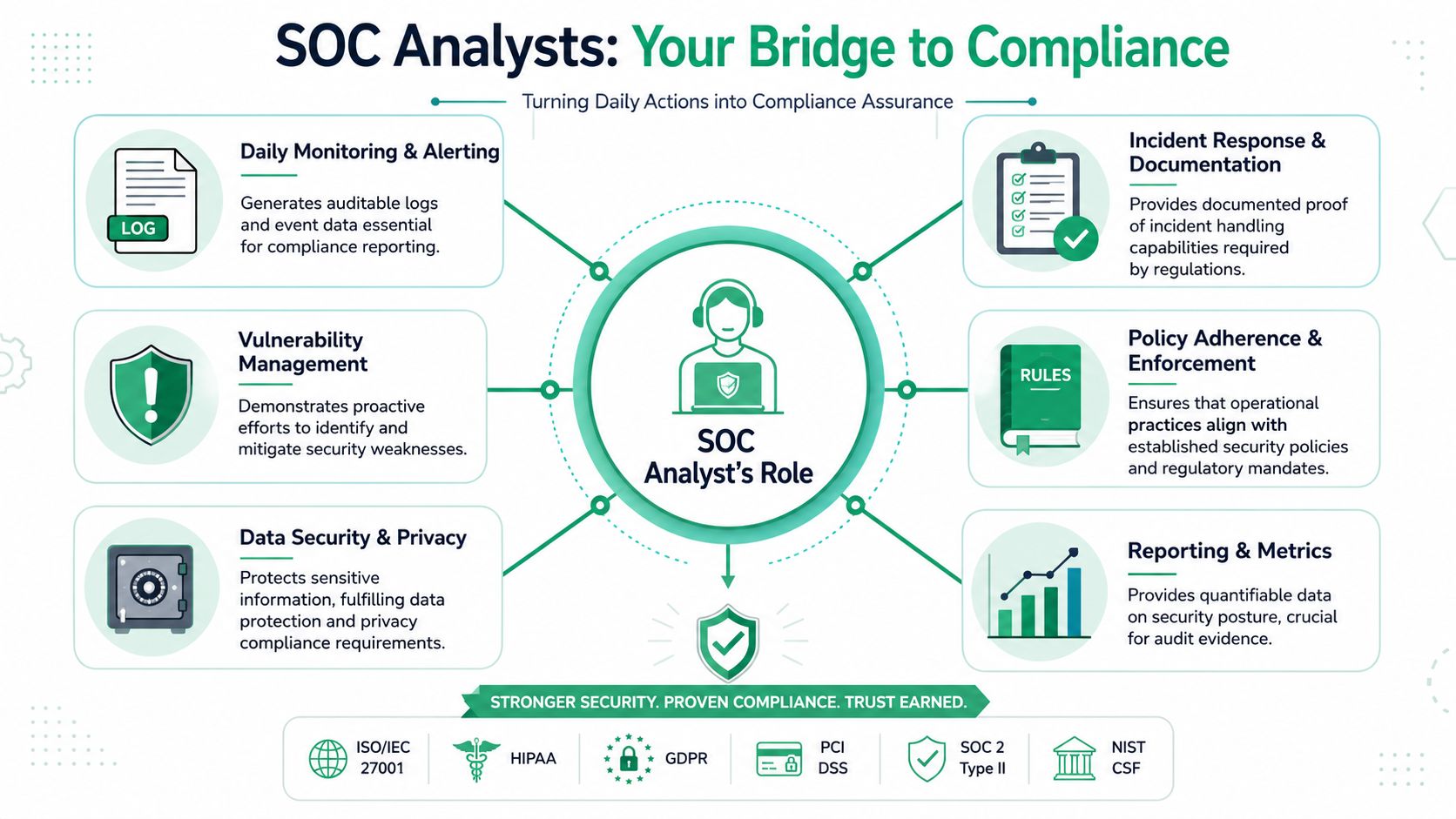 A diagram illustrating how SOC analysts bridge cybersecurity tasks with regulatory compliance and security standards.
