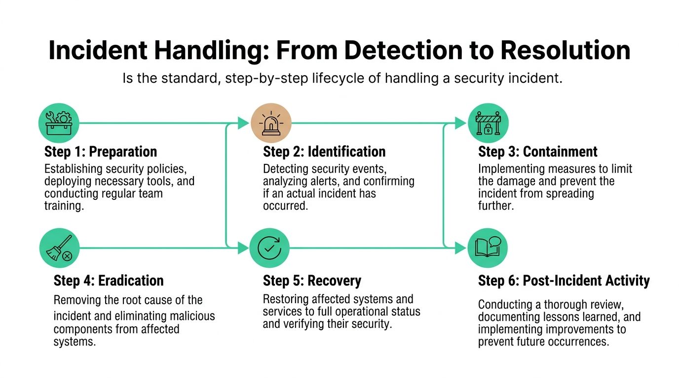 A diagram illustrating the six standard steps of the security incident handling lifecycle from preparation to resolution.