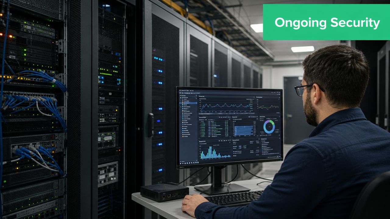 An IT professional monitors network security data on a computer screen inside a server room data center.