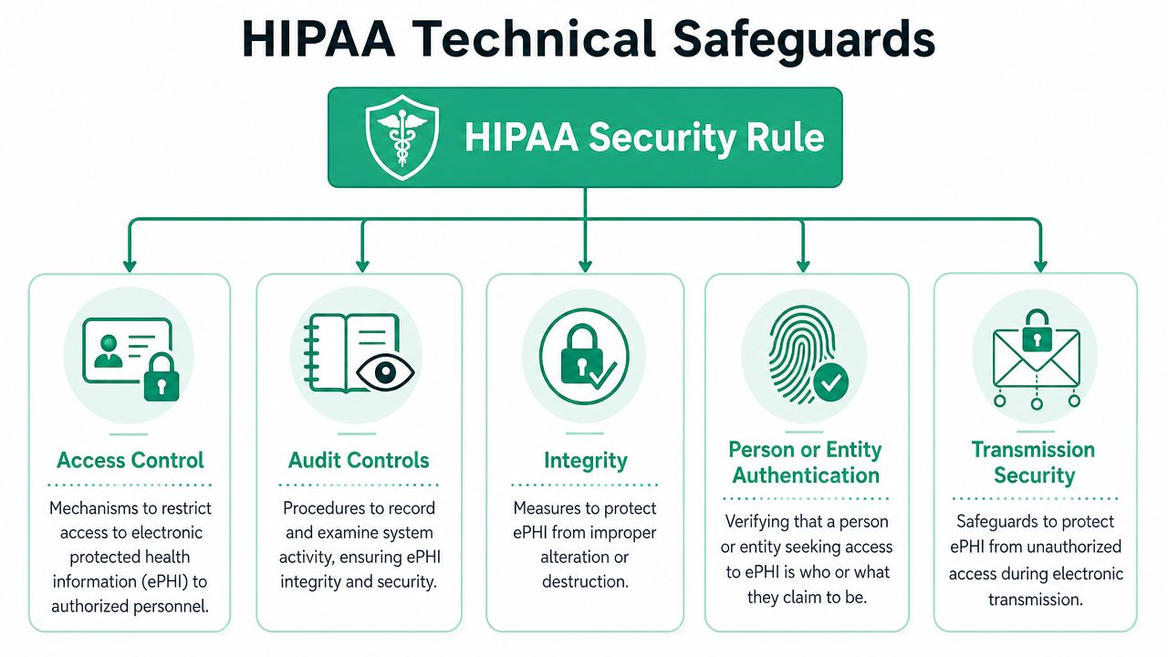 A diagram outlining the five technical safeguards of the HIPAA Security Rule for protecting health information.