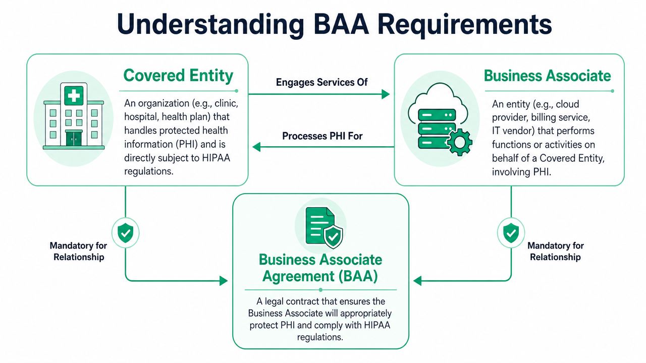 A diagram explaining HIPAA Business Associate Agreement requirements between covered entities and business associates.