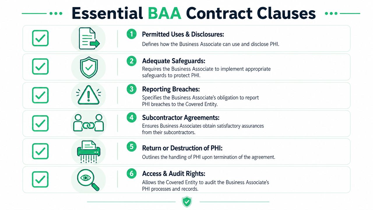 An infographic titled Essential BAA Contract Clauses outlining six key requirements for HIPAA Business Associate Agreements.