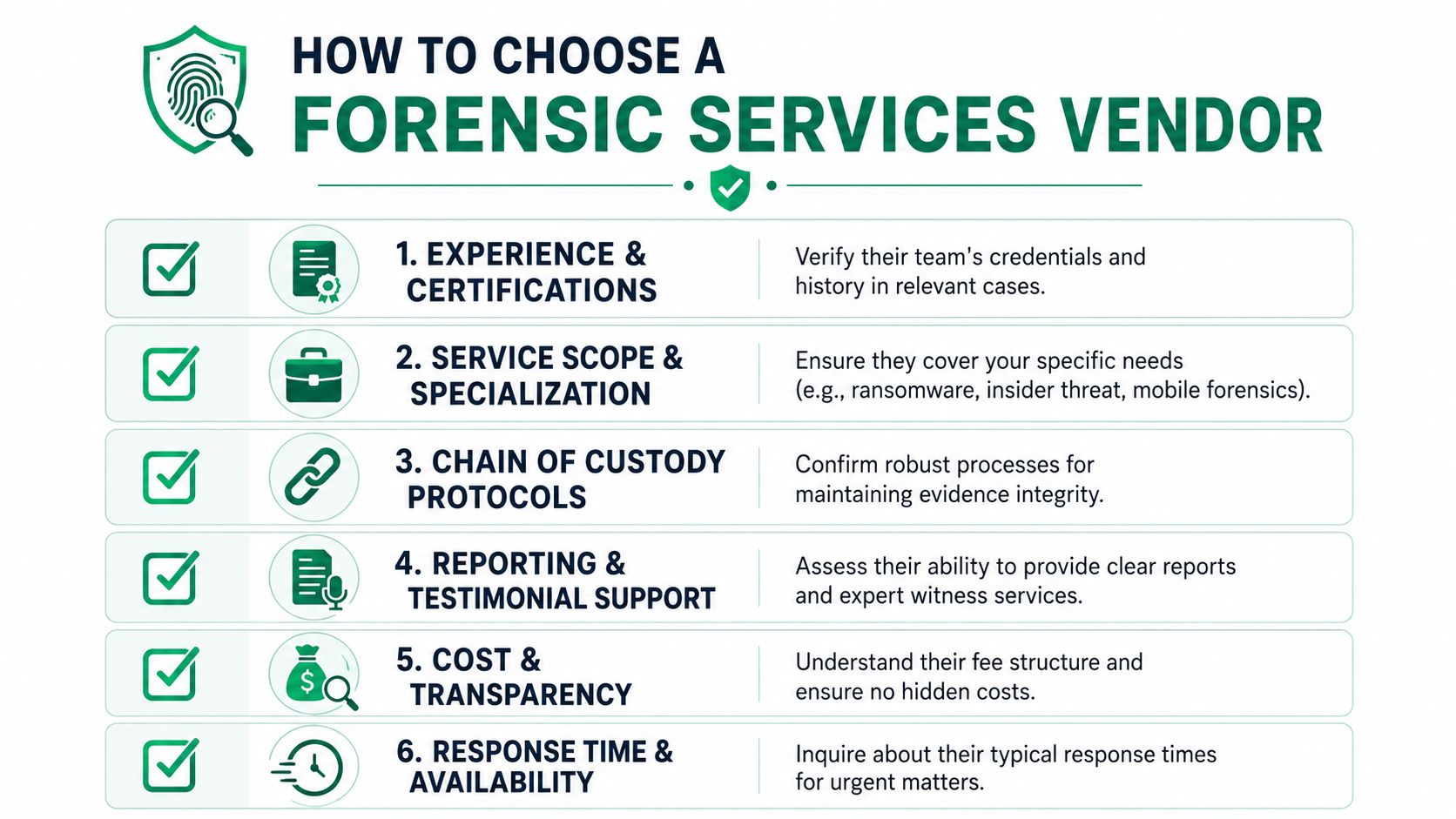 An infographic titled How to Choose a Forensic Services Vendor outlining six key steps for selection.