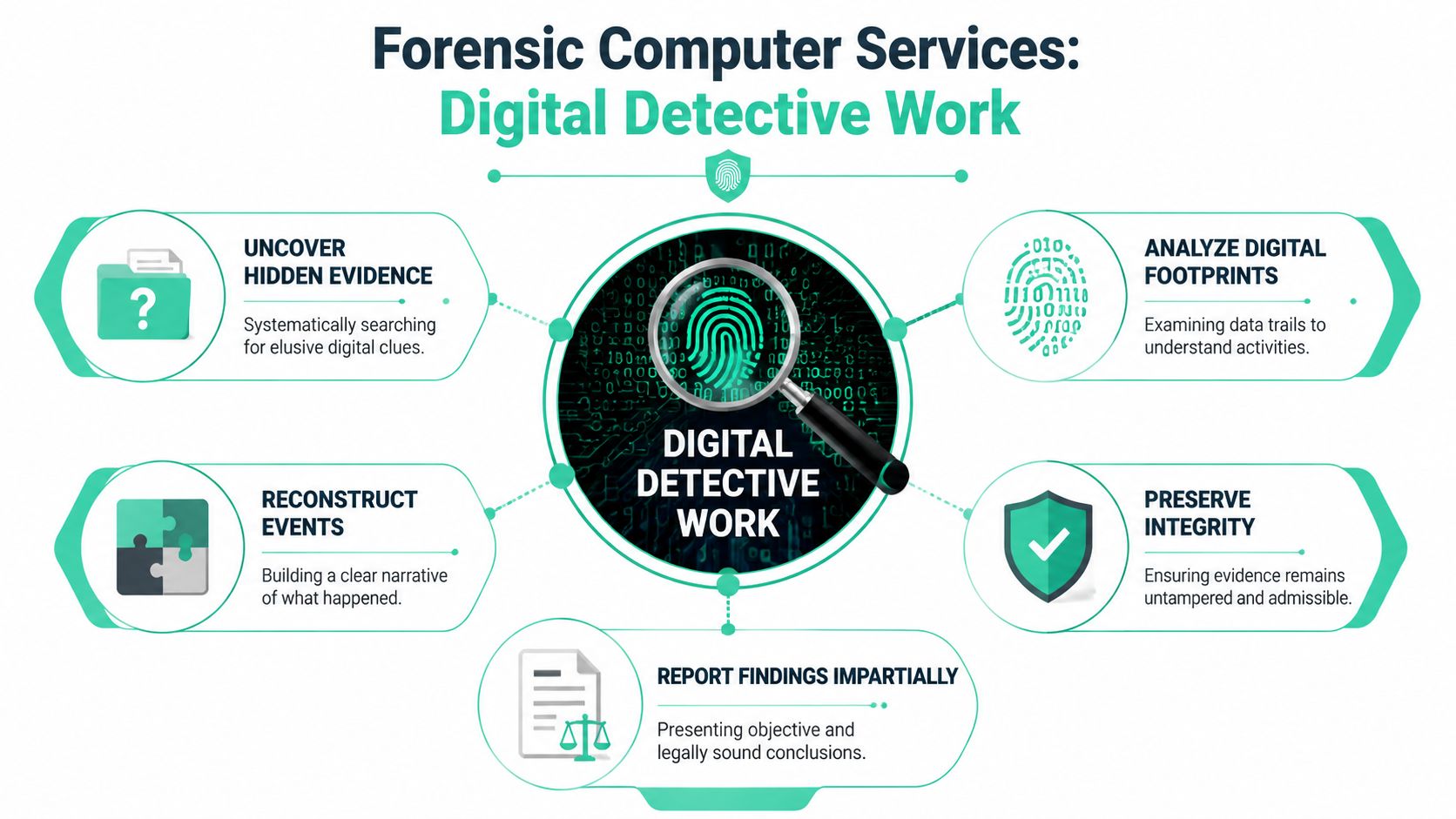 An infographic illustrating five core processes of digital forensic investigation, including evidence gathering and data analysis.